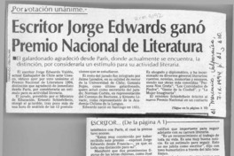 Escritor Jorge Edwards ganó Premio Nacional de Literatura  [artículo].