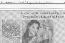 Margot Loyola, Premio Nacional a la investigación y difusión del folclor  [artículo] Cristián Bustos M.