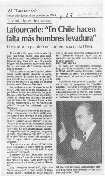 Lafourcade, "En Chile hacen falta más hombres levadura"  [artículo].