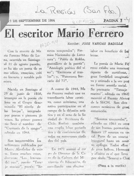 El escritor Mario Ferrero  [artículo] José Vargas Badilla.