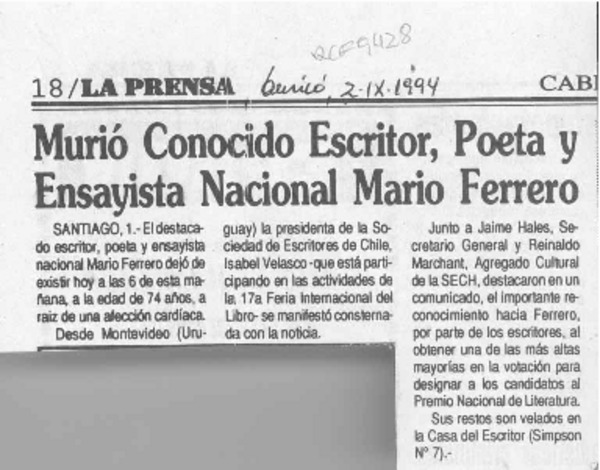 Murió conocido escritor, poeta y ensayista nacional Mario ferrero  [artículo].