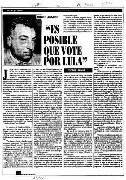 "Es posible que vote por Lula"  [artículo] Víctor Sukup.