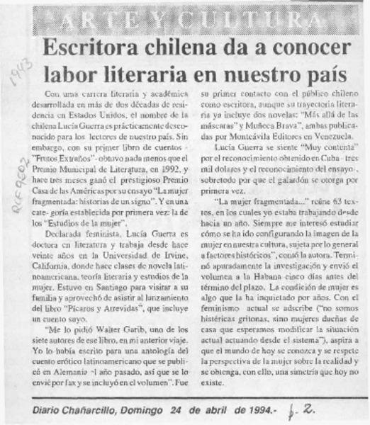 Escritora chilena da a conocer labor literaria en nuestro país  [artículo].