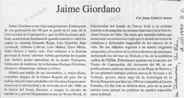 Jaime Giordano  [artículo] Juan Gabriel Araya.