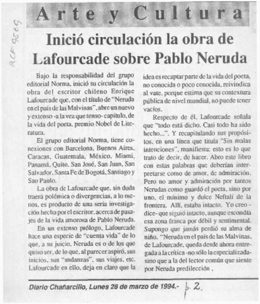 Inició circulación la obra de Lafourcade sobre Pablo Neruda  [artículo].