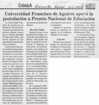 Universidad Francisco de Aguirre apoyó la postulación a Premio nacional de Educación  [artículo].