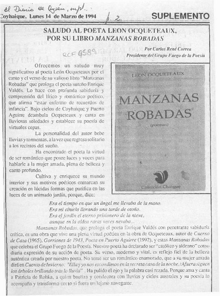 Saludo al poeta León Ocqueteaux, por su libro "Manzanas robadas"  [artículo] Carlos René Correa.