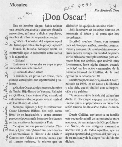 Don Oscar!  [artículo] Abelardo Troy.