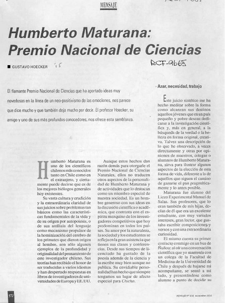 Humberto Maturana, Premio Nacional de Ciencias  [artículo] Gustavo Hoecker.