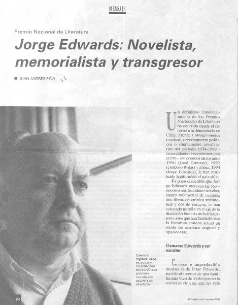 Jorge Edwards, novelista, memorialista y transgresor