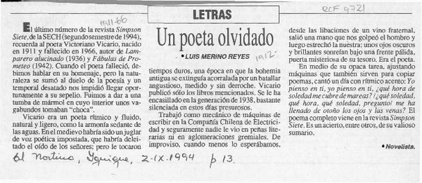 Un poeta olvidado  [artículo] Luis Merino reyes.