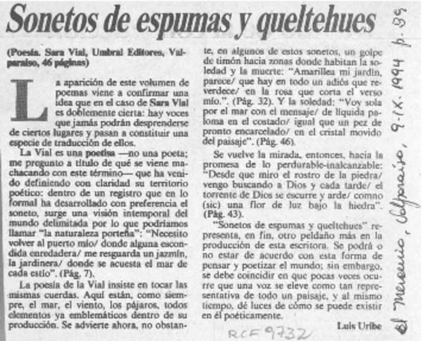 Sonetos de espumas y queltehues  [artículo] Luis Uribe.