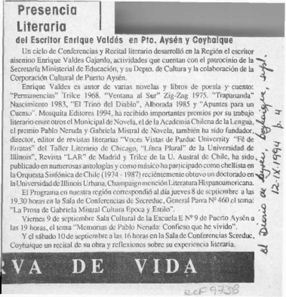 Presencia literaria del escritor Enrique Valdés en Pto. Aysén y Coyhaique  [artículo].