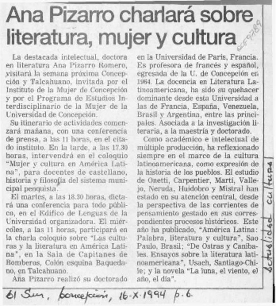 Ana Pizarro charlará sobre literatura, mujer y cultura  [artículo].