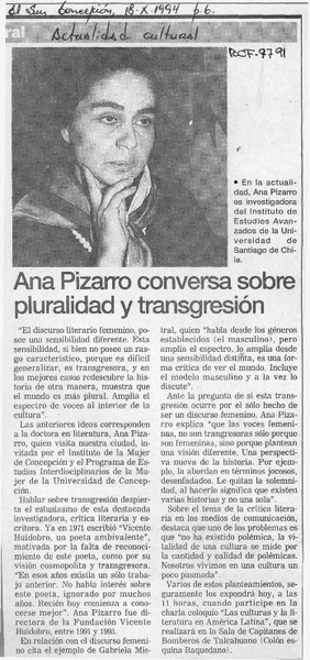 Ana Pizarro conversa sobre pluralidad y transgresión  [artículo].