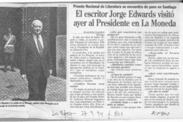 El escritor Jorge Edwards visitó ayer al Presidente en La Moneda  [artículo] Alejandra Gajardo.