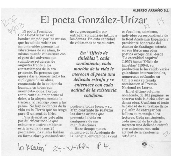 El poeta González-Urízar  [artículo] Alberto Arraño.