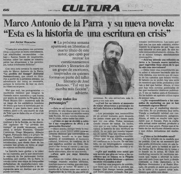 Marco Antonio de la Parra y su nueva novela, "Esta es la historia de una escritura en crisis"  [artículo] Javier Ibacache.