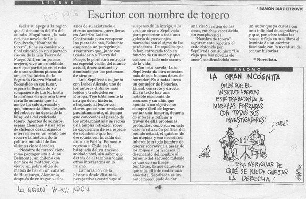 Escritor con nombre de torero  [artículo] Ramón Díaz Eterovic.