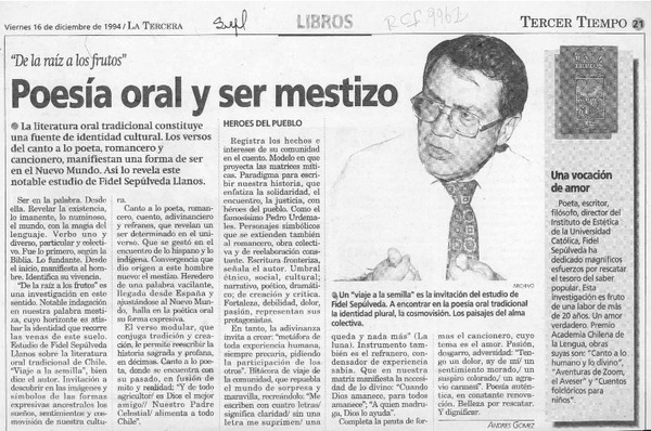 Poesía oral y ser mestizo  [artículo] Andrés Gómez.