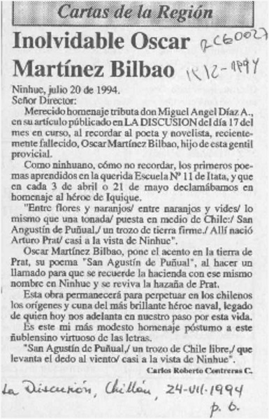 Inolvidable Oscar Martínez Bilbao  [artículo] Carlos Roberto Contreras C.