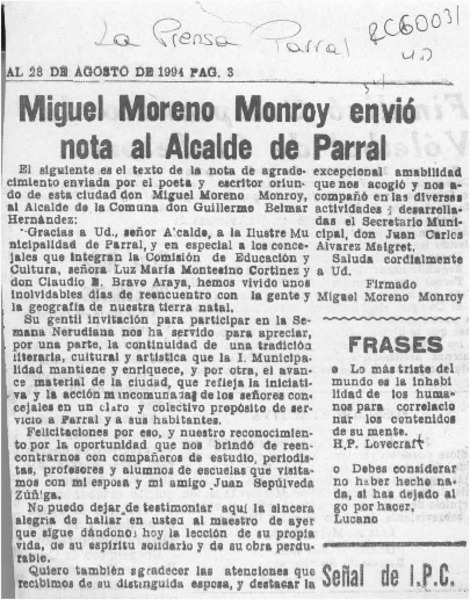 Miguel Moreno Monroy envió nota al Alcalde de Parral  [artículo].
