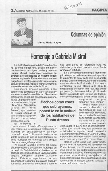 Homenaje a Gabriela Mistral  [artículo] Marino Muñoz Lagos.