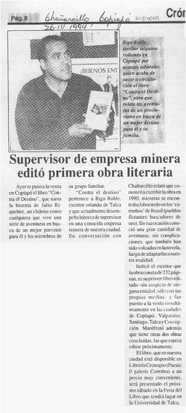 Supervisor de empresa minera editó primera obra literaria  [artículo].