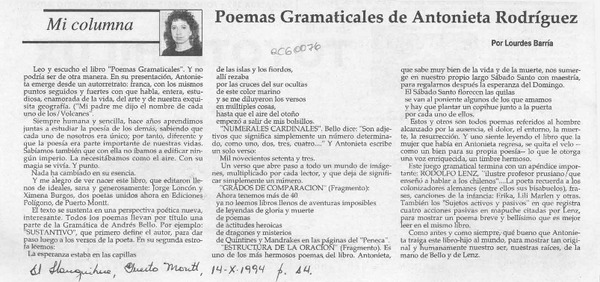 Poemas gramaticalaes de Antonieta Rodríguez  [artículo] Lourdes Barría.