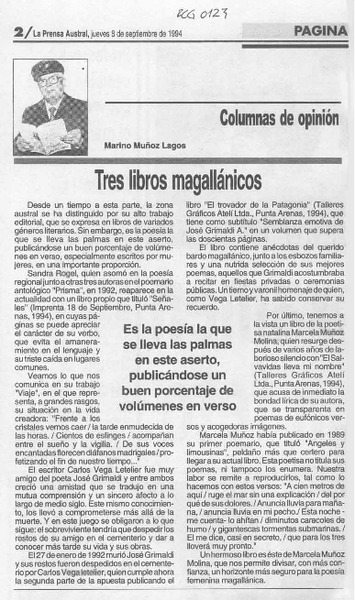 Tres libros magallánicos  [artículo] Marino Muñoz Lagos.