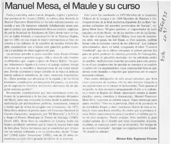 Manuel Mesa, el Maule y su curso  [artículo] Héctor Edo. Espinoza Viveros.