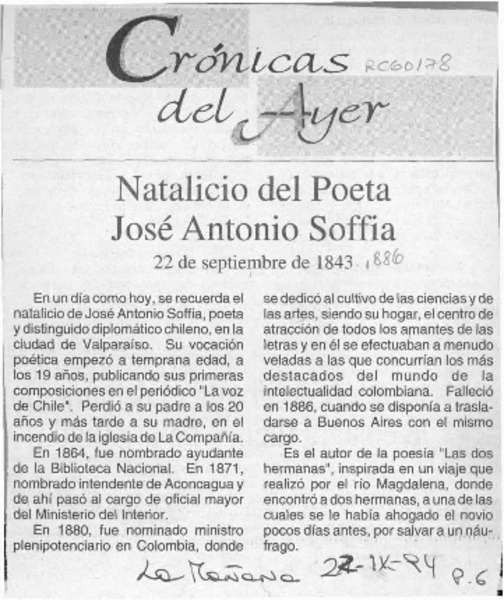 Natalicio del poeta José Antonio Soffia  [artículo].