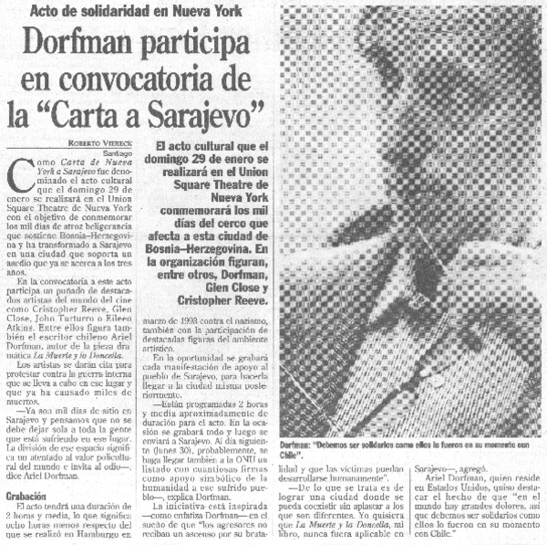 Dorfman participa en convocatoria de la "Carta a Sarajevo"