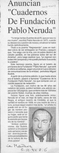 Anuncian "Cuadernos de Fundación Pablo Neruda"  [artículo].