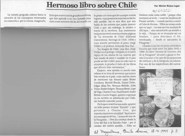 Hermoso libro sobre Chile  [artículo] Marino Muñoz Lagos.