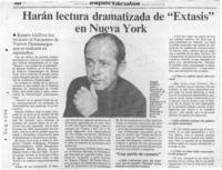 Harán lectura dramatizada de "Extasis" en Nueva York  [artículo] Ramón Griffero.