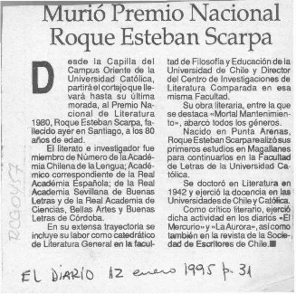 Murió Premio Nacional Roque Esteban Scarpa  [artículo].