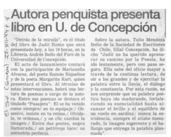 Autora penquista presenta libro en U. de Concepción  [artículo].
