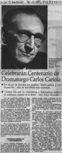 Celebrarán centenario de dramaturgo Carlos Cariola  [artículo].