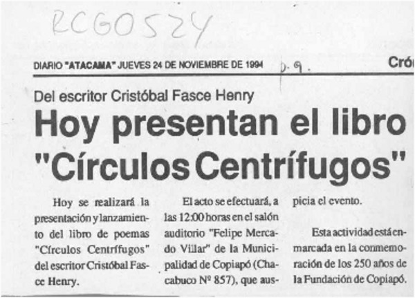 Hoy presentan el libro "Círculos centrífugos  [artículo].