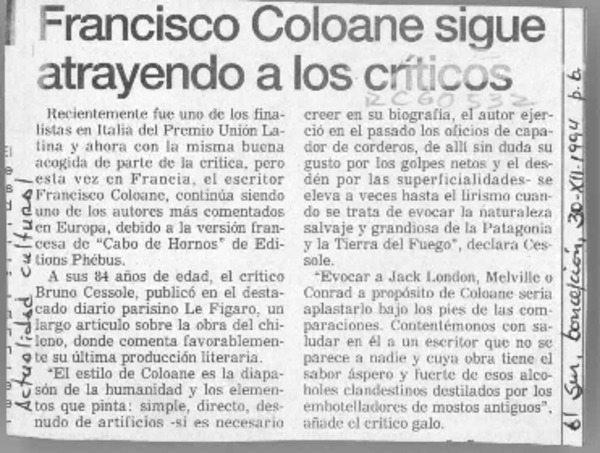 Francisco Coloane sigue atrayendo a los críticos  [artículo]