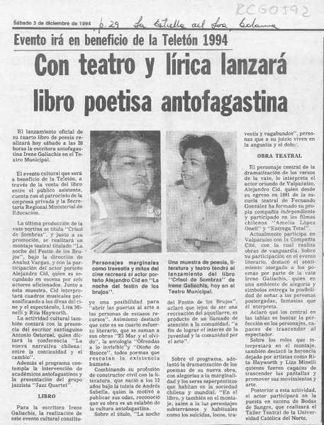 Con teatro y lírica lanzará libro poetisa antofagastina  [artículo].