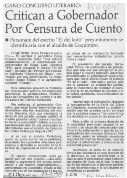 Critican a gobernador por censura de cuento  [artículo] Iván Fredes Guerrero.