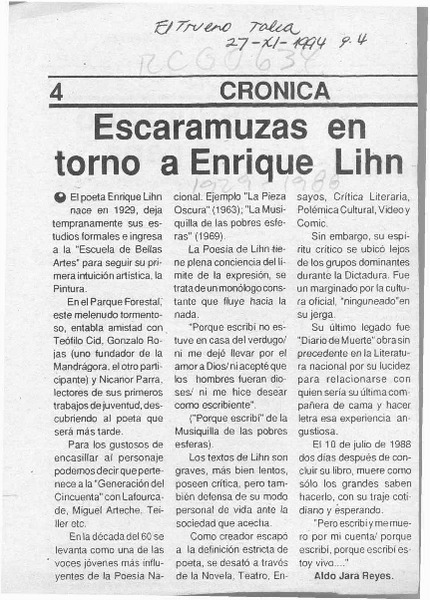 Escaramuzas en torno a Enrique Lihn  [artículo] Aldo Jara Reyes.