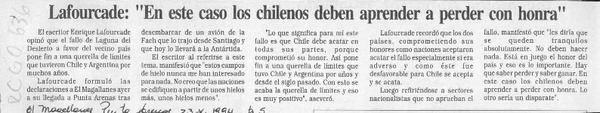 Lafourcade, "En este caso los chilenos deben aprender con honra  [artículo].