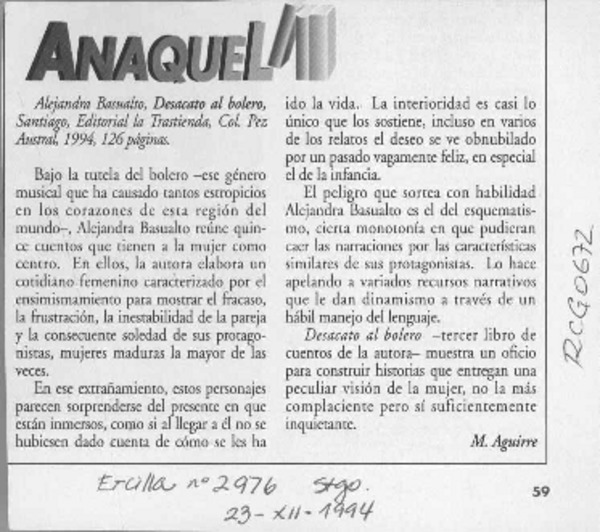 Anaquel  [artículo] M. Aguirre.