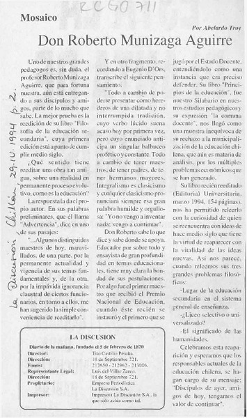 Don Roberto Munizaga Aguirre  [artículo] Abelardo Troy.