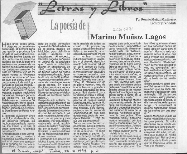 La poesía de Marino Muñoz Lagos  [artículo] Ronnie Muñoz Martineaux.