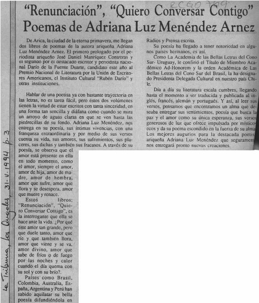 Renunciación, "Quiero conversar contigo", poemas de Adriana Luz Menéndez Arnez  [artículo].