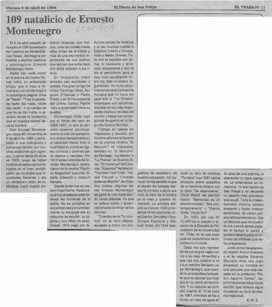 109 natalicio de Ernesto Montenegro  [artículo] C. R. Z.